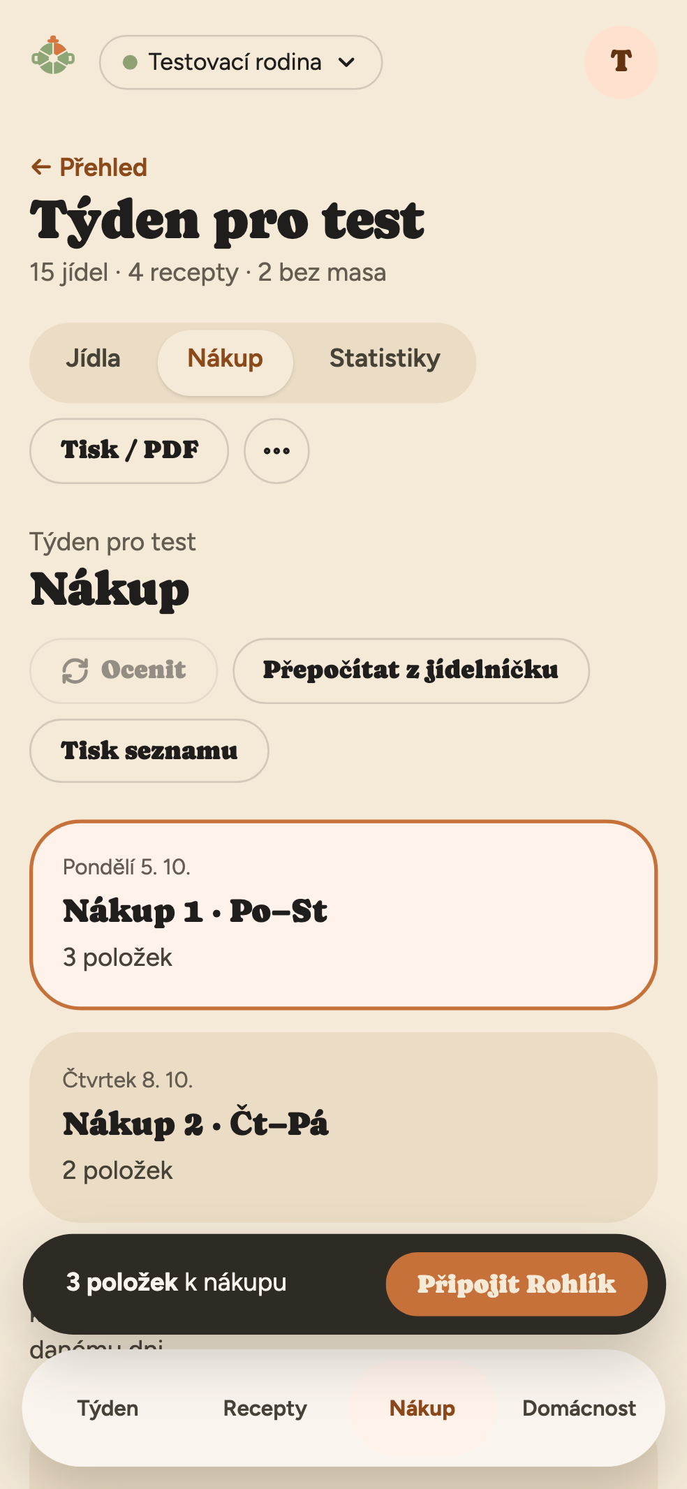 Nákupní seznam rozdělený podle dní, na telefonu